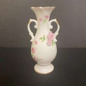 Vtg Towle Fine Bone China Bud Vase Handled Floral White Pink Flowers Scalloped